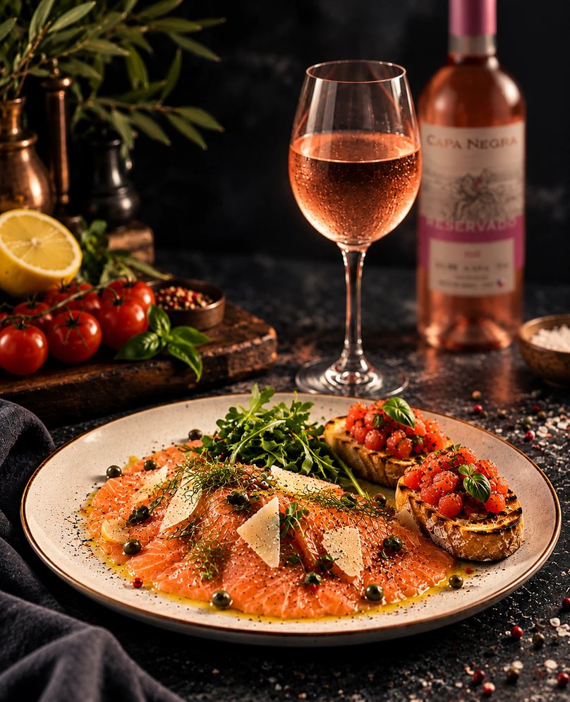 Carpaccio de salmão com bruschettas harmonizado com Capa Negra Reservado Rosé